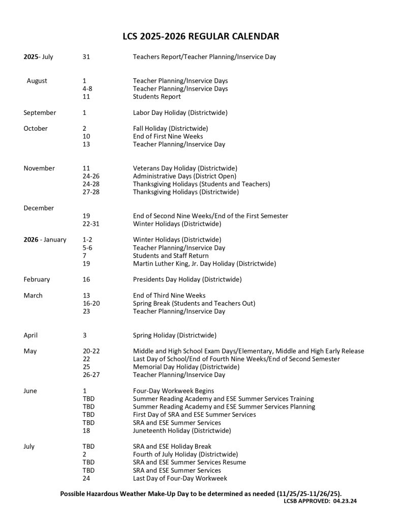 Leon County Schools Holidays Calendar 2025