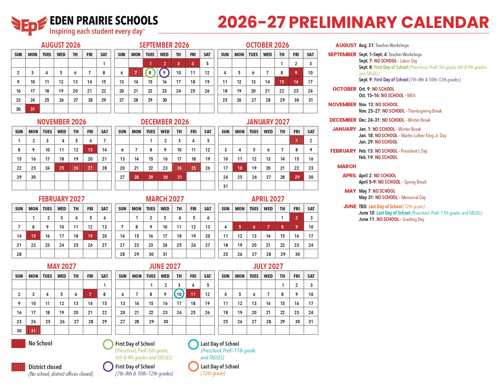 Eden Prairie Schools Calendar 2026