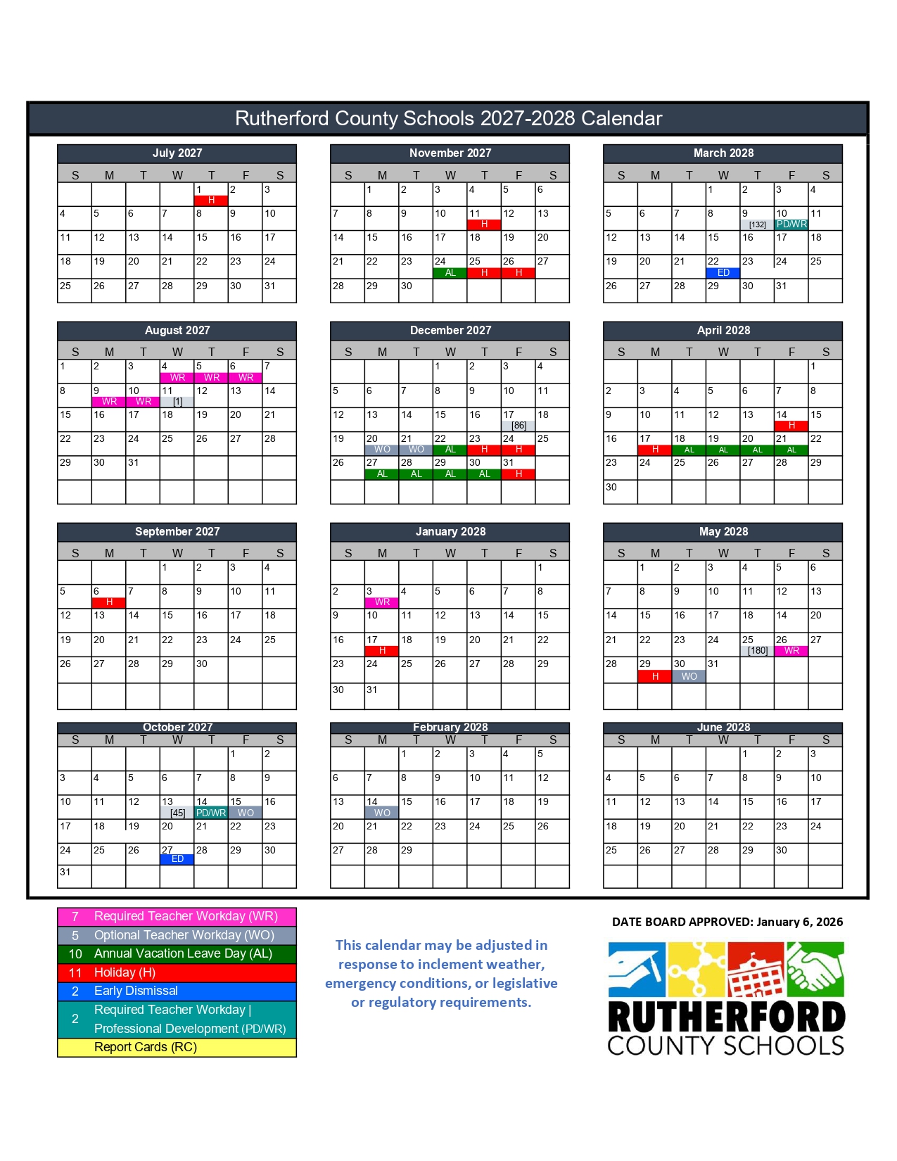 Rutherford County Schools Academic Calendar 2027