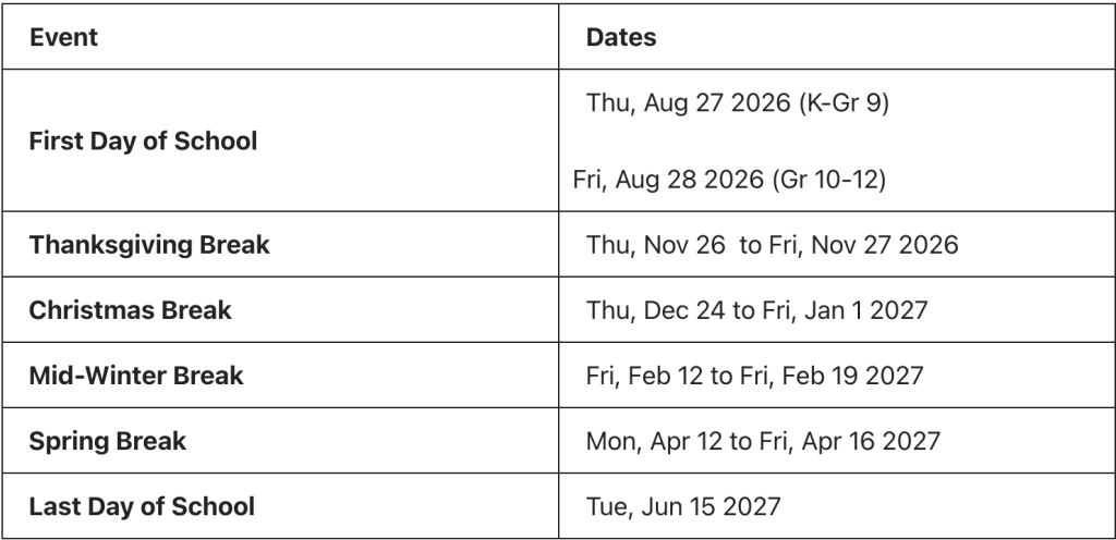 Ridgefield Public Schools Major Holiday