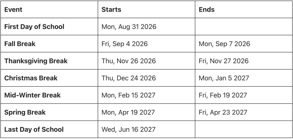 Somerville Public Schools Major Holiday